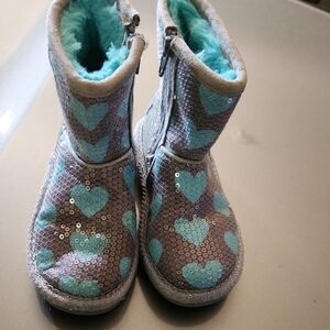 Skechers Girls Silver Sequin Boots with Aqua Hearts
